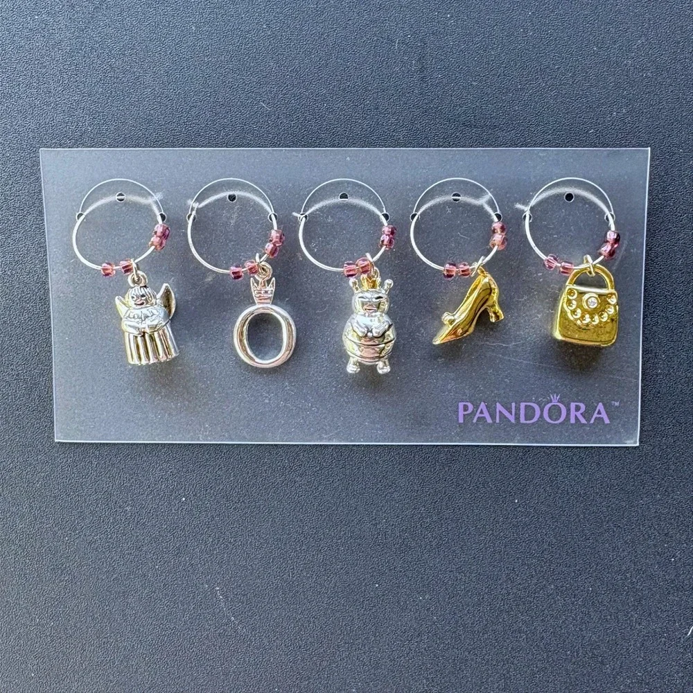 Pandora Wine Glass Charms Set of 5 Silver Gold Angel